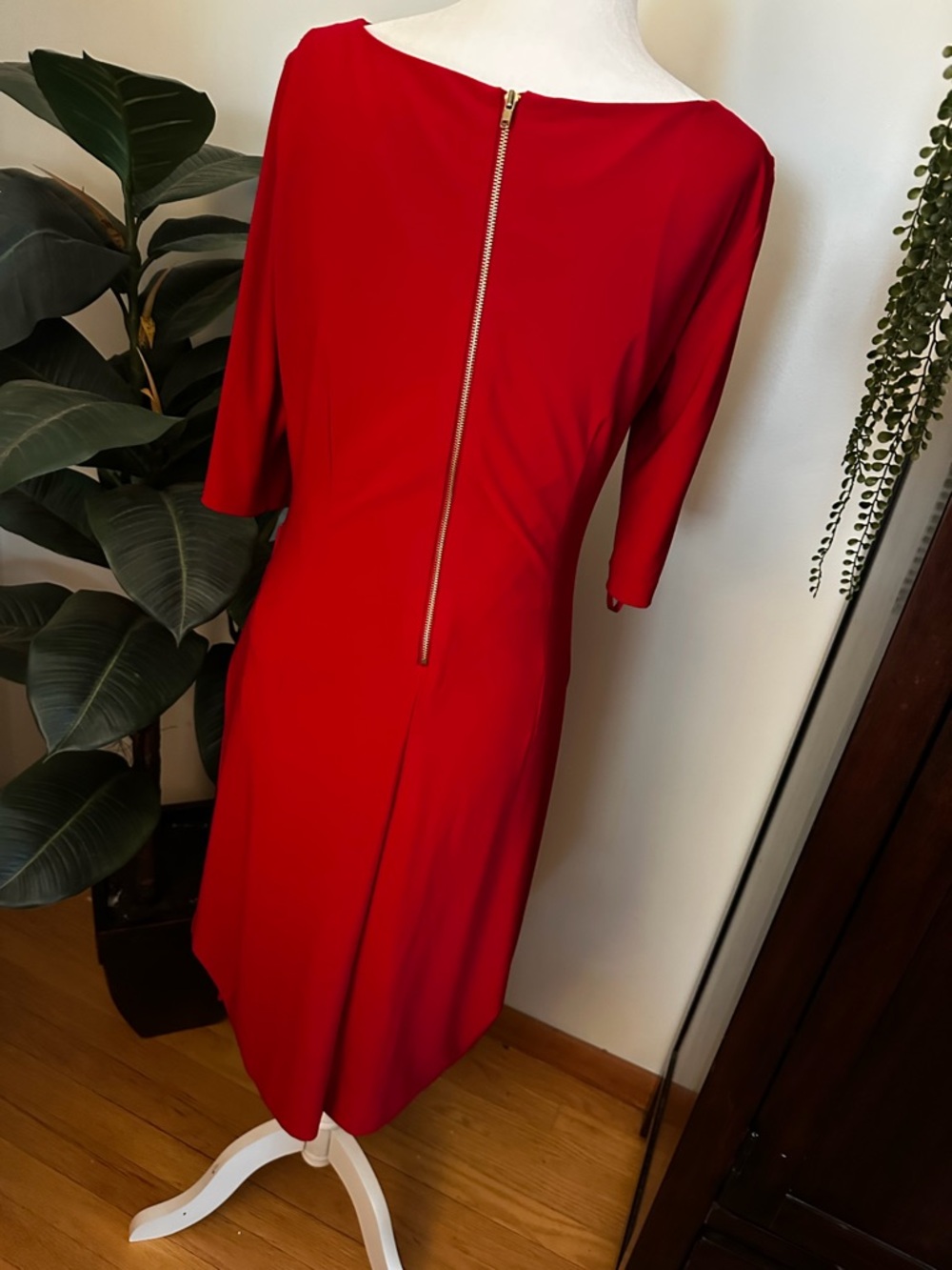 Tahari Red Scoop-Neck Midi Dress with Side Ruching - Picture 2 of 5